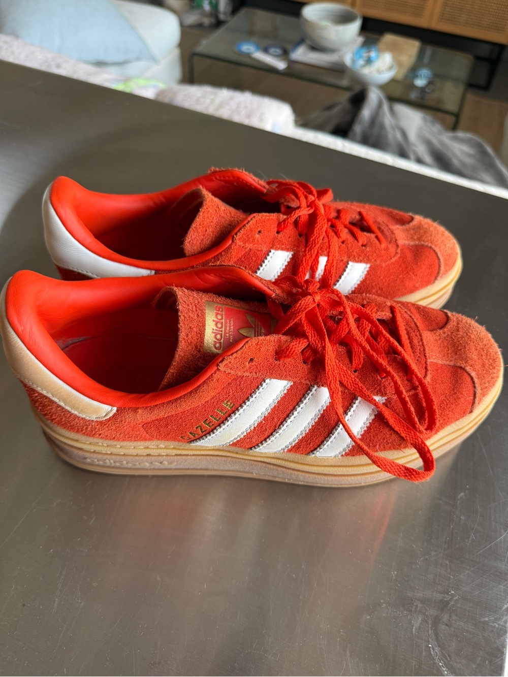 adidas Red Suede Gazelle Sneakers with White Stripes
